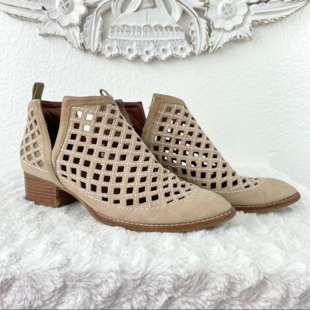 {Jeffrey Campbell} Taggart Open Weave Cut Out Leather Heeled Booties, Size 10